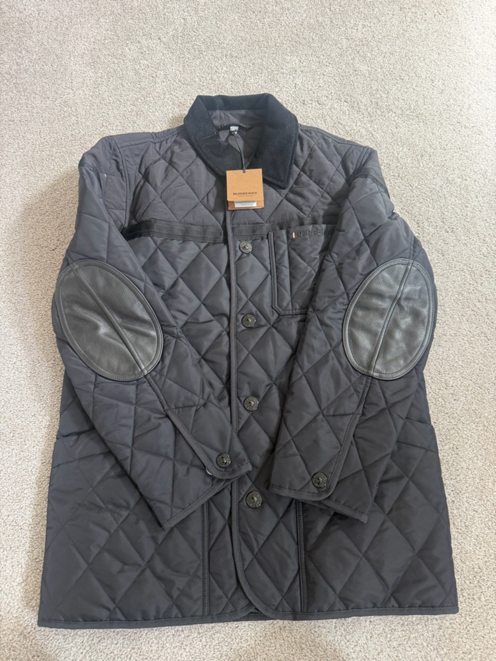 Burberry Men’s Quilted Black Performance Jacket with Leather Elbow Patches